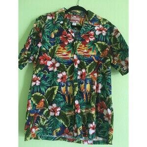 RJC Hawaiian Short Sleeve Shirt Men's Sz L Blue Floral Macaw Parrots Birds Aloha
